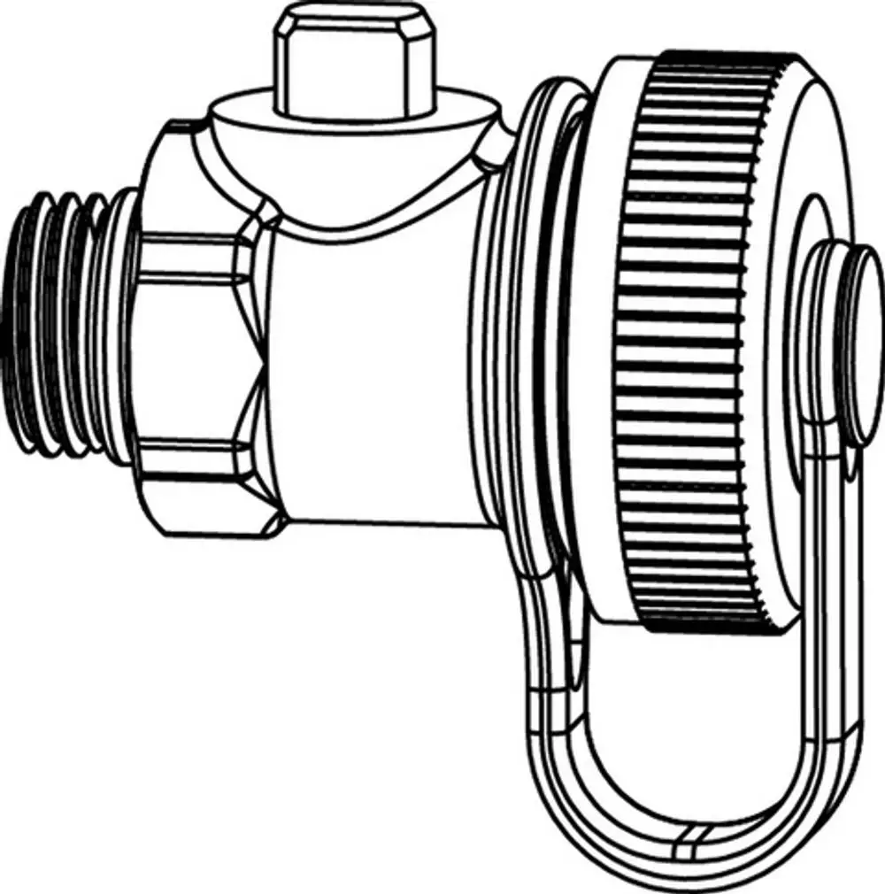 Füll- und Entleerungskugelhahn mit einem Schlauchanschluss, dargestellt in technischer Zeichnung. Produkte von IMI Hydronic Engineering.